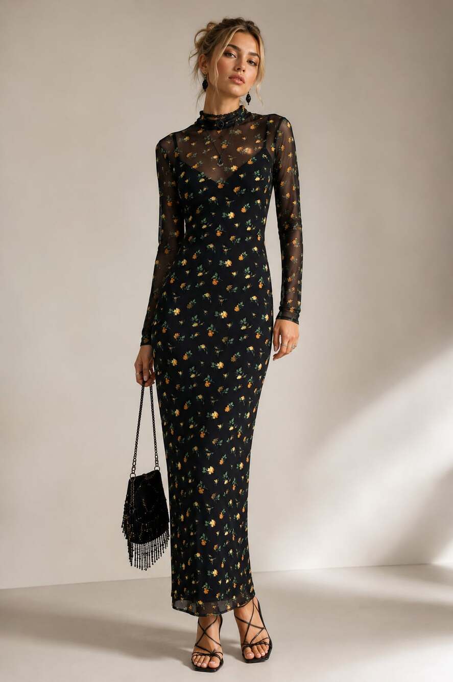 AFRM Black Floral Mesh Maxi Dress Mock Neck Sheer Long Sleeve Y2K Dark Feminine